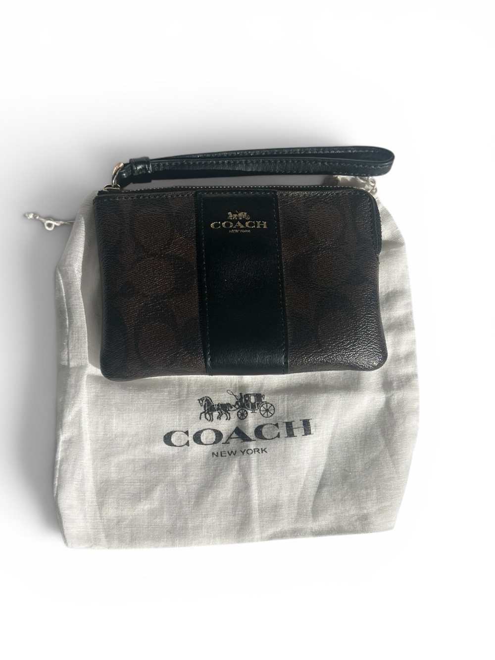 Coach Brown/Black Signature Canvas Corner Zip Wristlet F58035 - EUC With Dustbag
